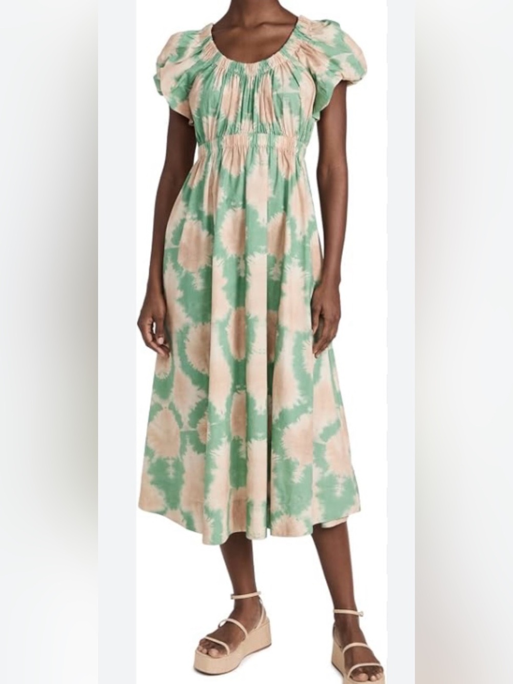 Ulla Johnson Sage and Beige Puff-Sleeve Midi Dress